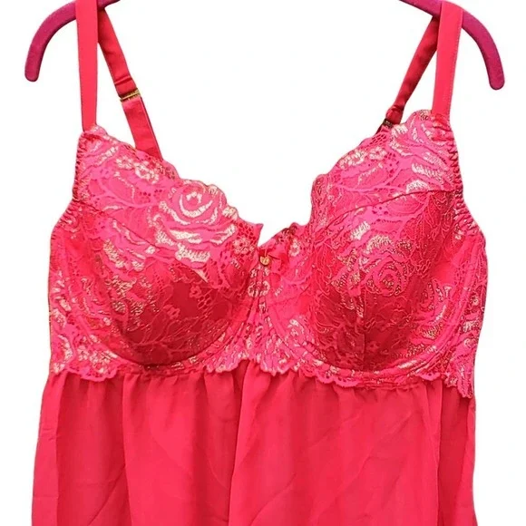 CACIQUE Plus Size Teddy Underwire Red Lace Nightie Babydoll Lingerie 42DDD NWOT - Picture 3 of 12